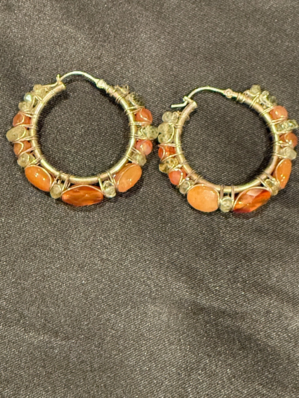 Boho Wire Wrapped Hoop Earrings Orange Carnelian & Peridot Crystals Silver Tone